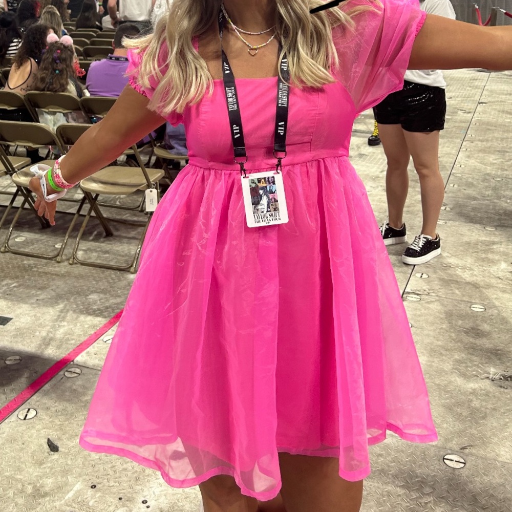 TCEC Hot Pink Mini Dress with Sheer Puff Sleeves